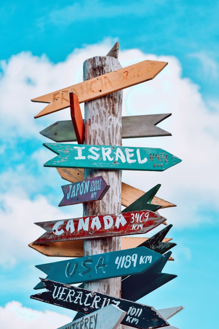 Colorful signpost with country names pointing in different directions against a bright sky.